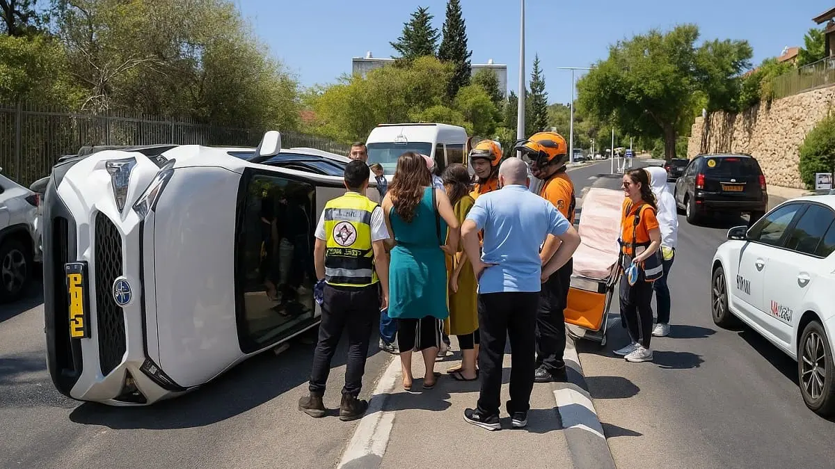 Перевернувшийся автомобиль и пробки